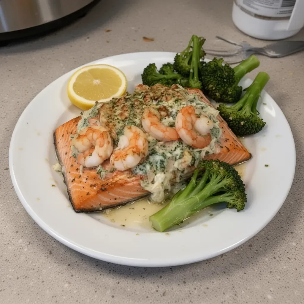 Delicious crab and shrimp stuffed salmon on a plate with herbs and lemon