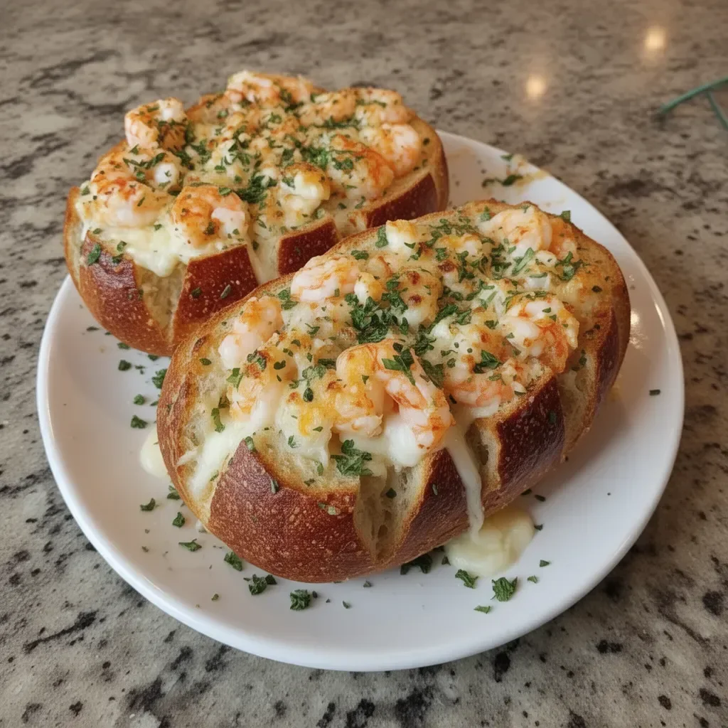 Delicious crabby shrimp-stuffed garlic bread bombs ready to be served.