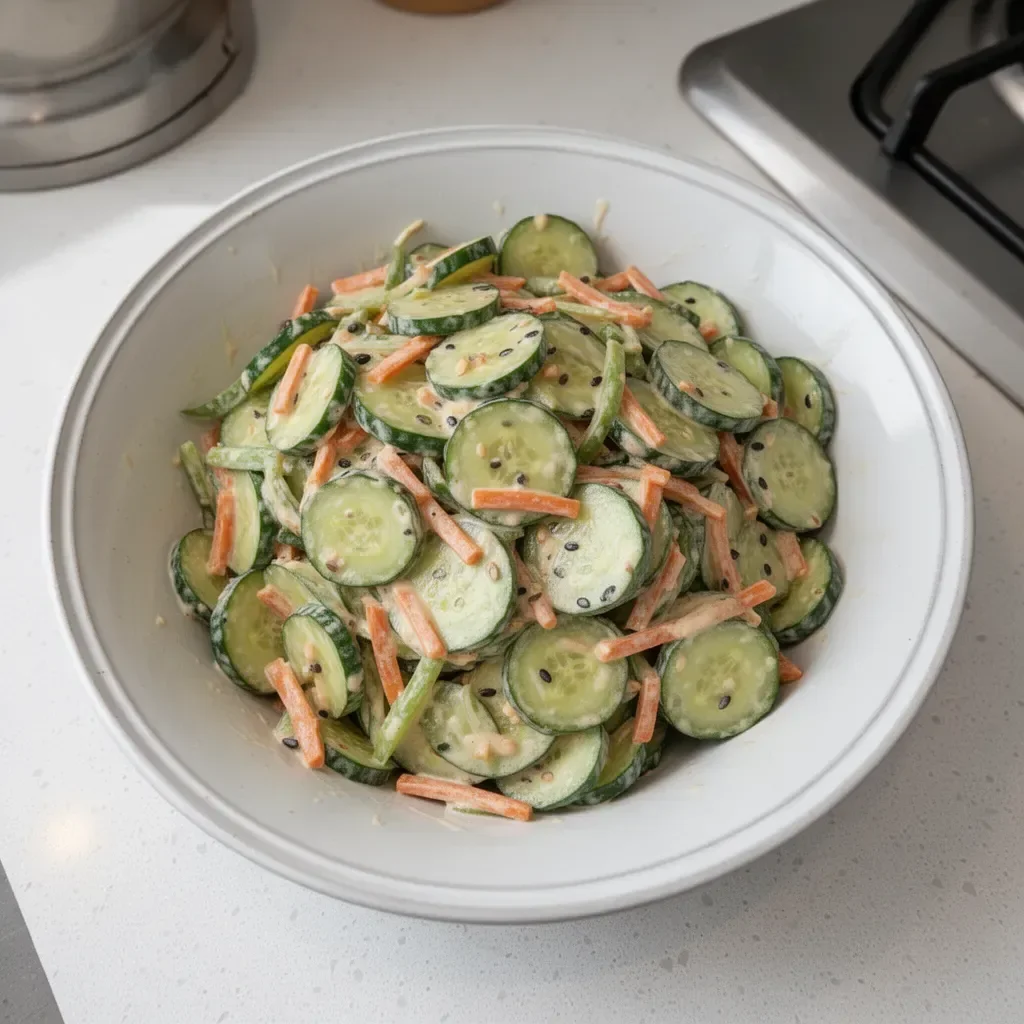 Creamy Asian cucumber salad bowl with fresh vegetables and a savory dressing