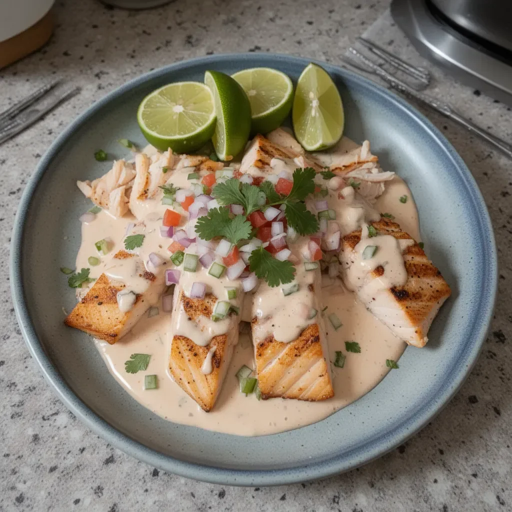Creamy fish taco sauce drizzled over tacos with fresh toppings