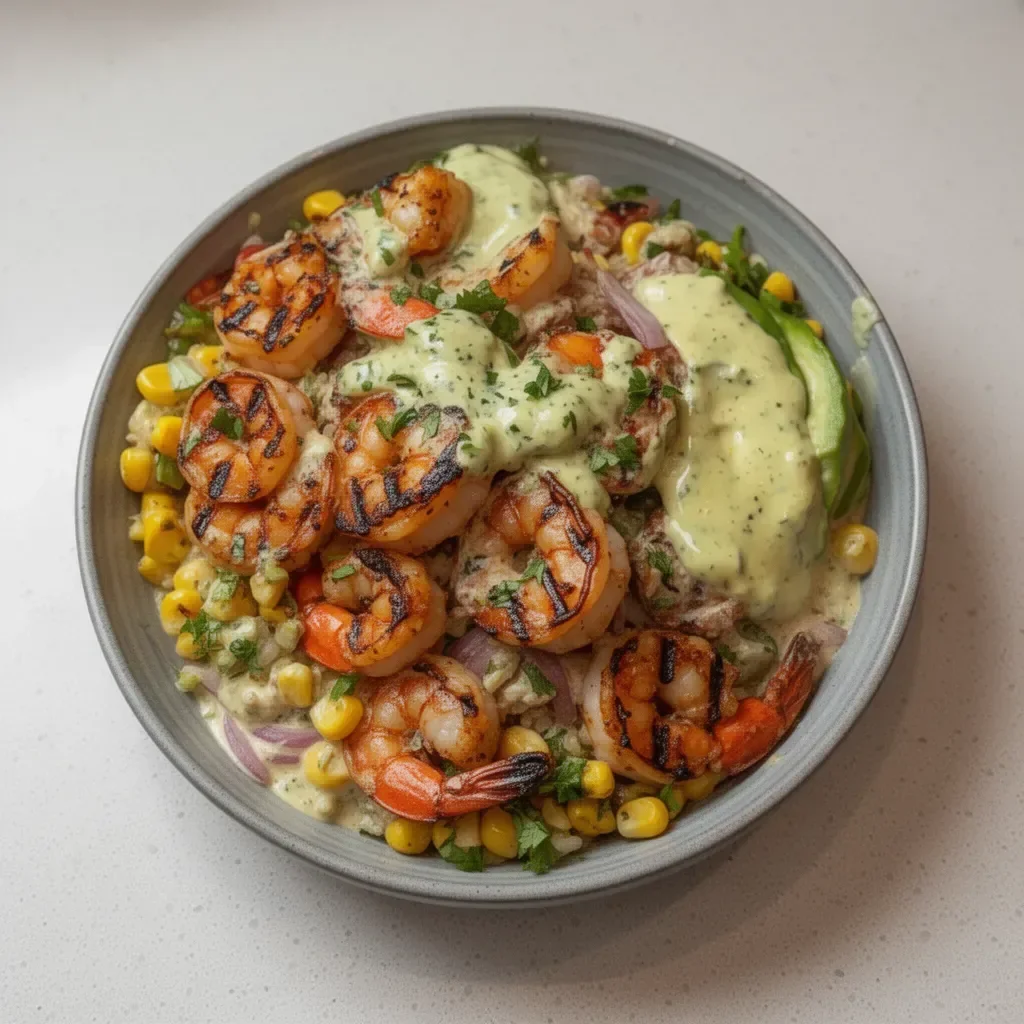 Creamy grilled shrimp bowl with fresh vegetables and sauce