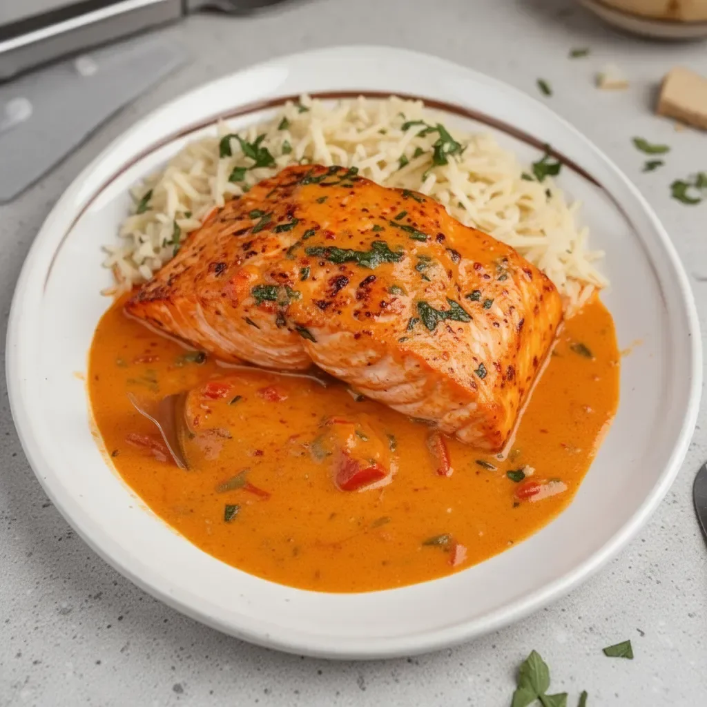 Creamy roasted red pepper salmon dish garnished with herbs and served on a plate