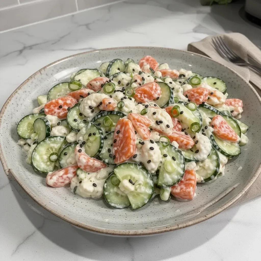 Creamy sushi cucumber salad served in a bowl with fresh ingredients