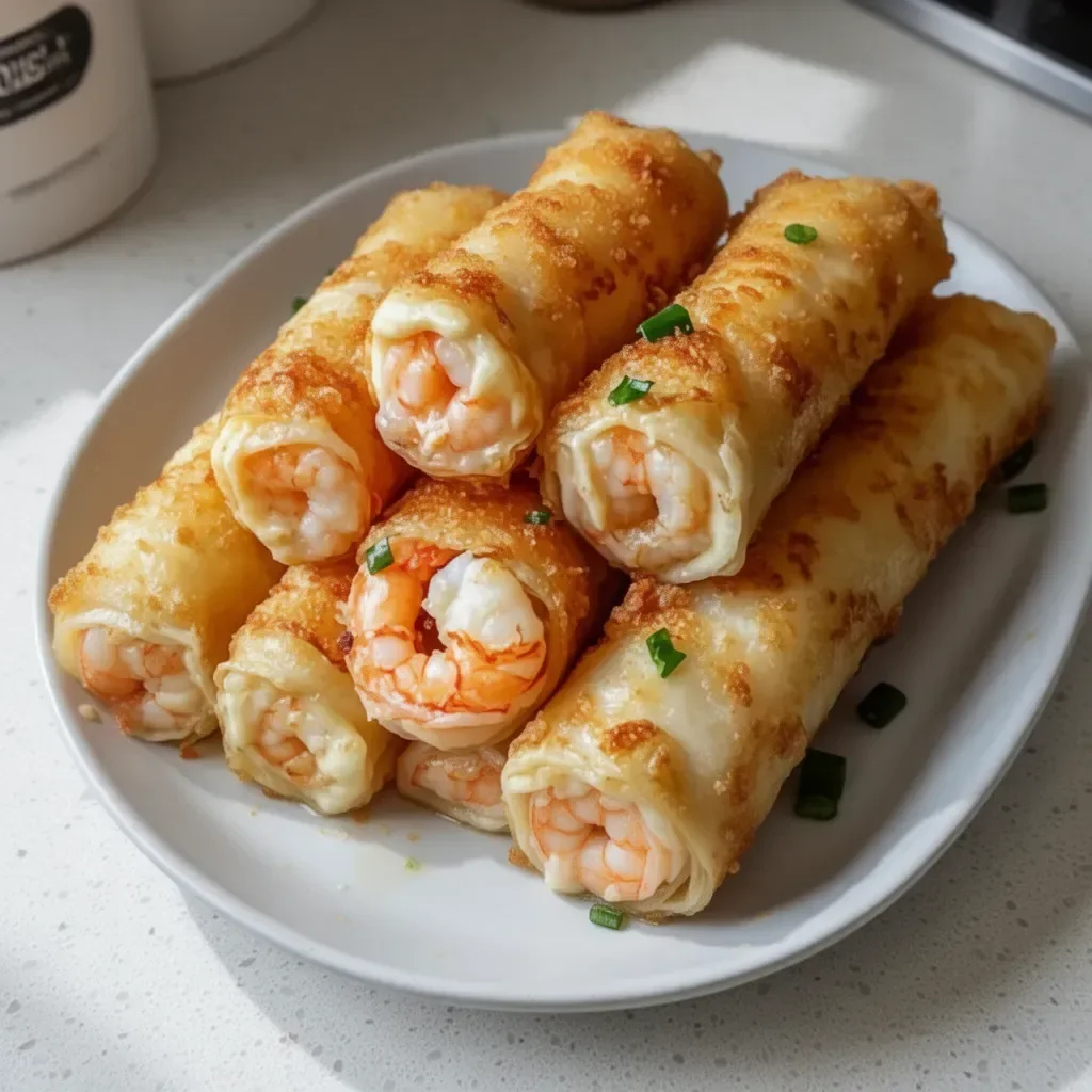 Crispy creamy shrimp rolls served on a plate with dipping sauce