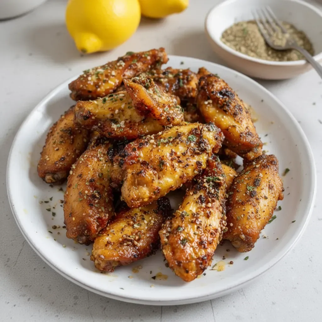 Crispy lemon pepper wings garnished with lemon slices and herbs