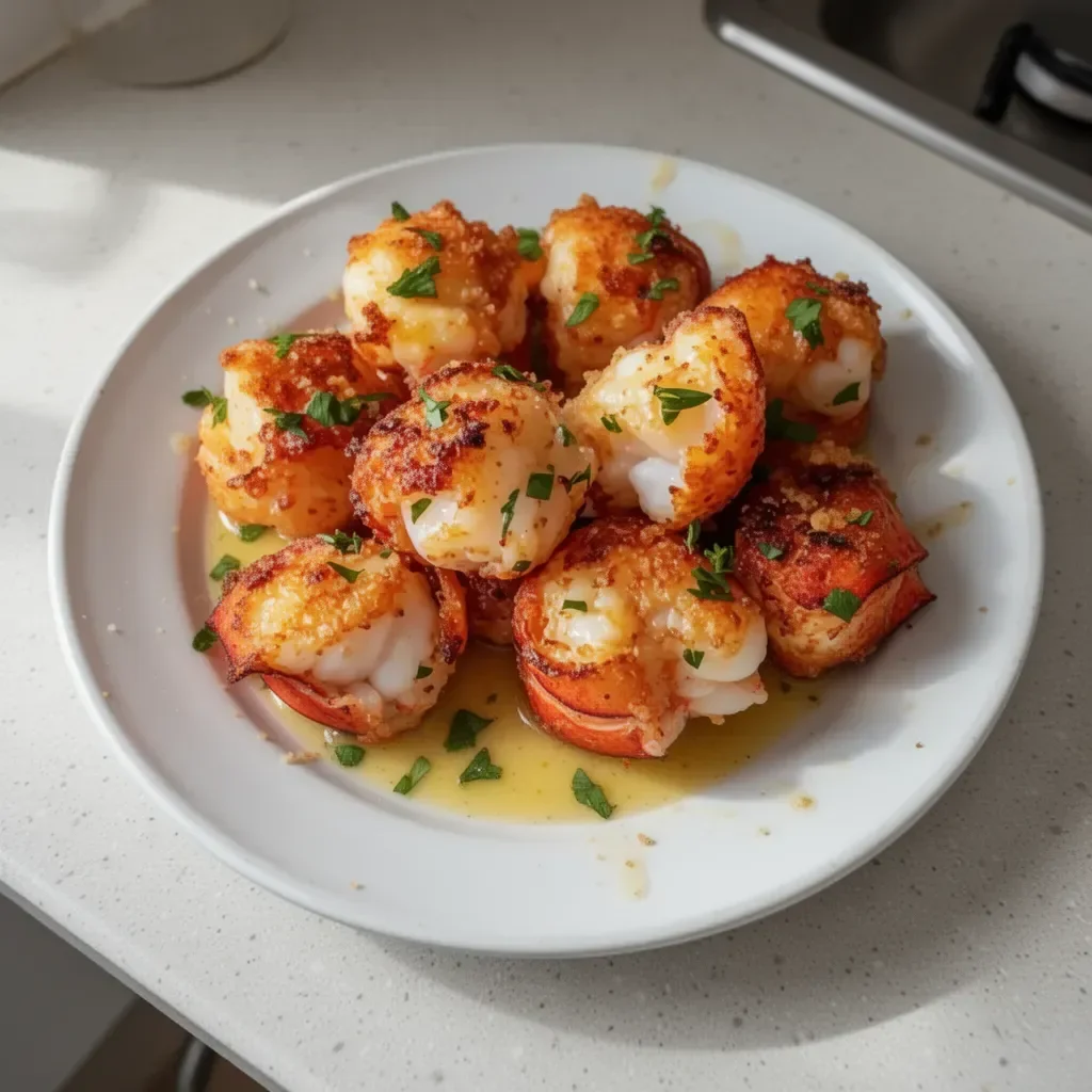 Crispy lobster bites served with garlic butter sauce on a white plate