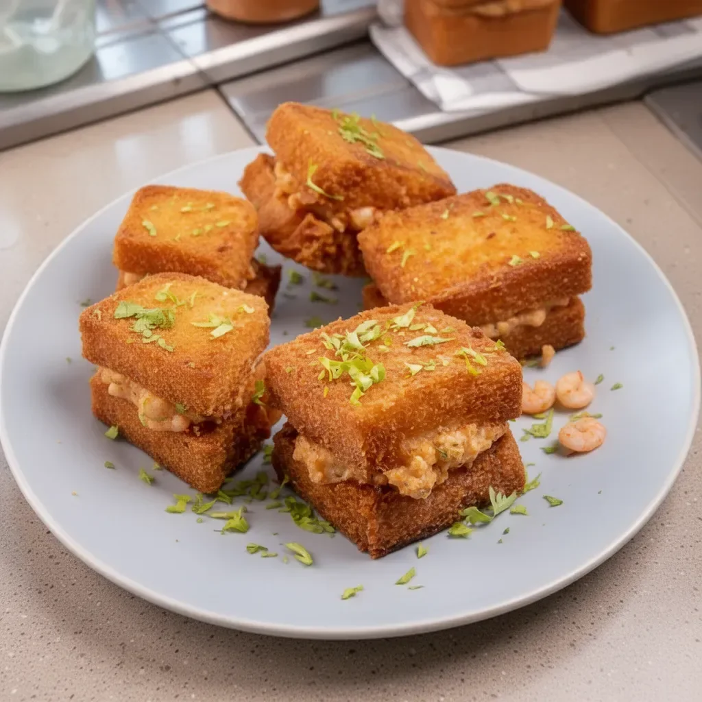 Crunchy shrimp toast topped with fresh herbs and spices.