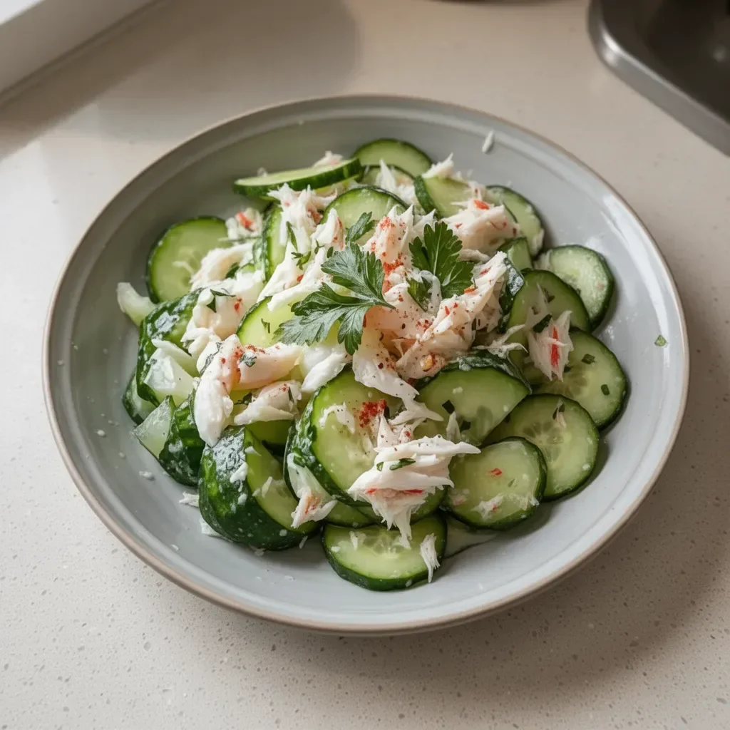 Cucumber salad with crab meat garnished with herbs on a plate