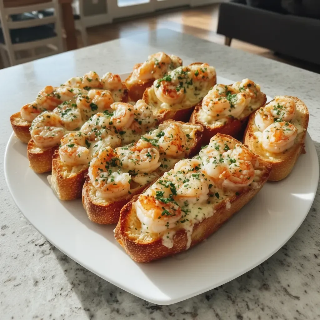 Shrimp scampi stuffed garlic bread boats topped with herbs and melted cheese