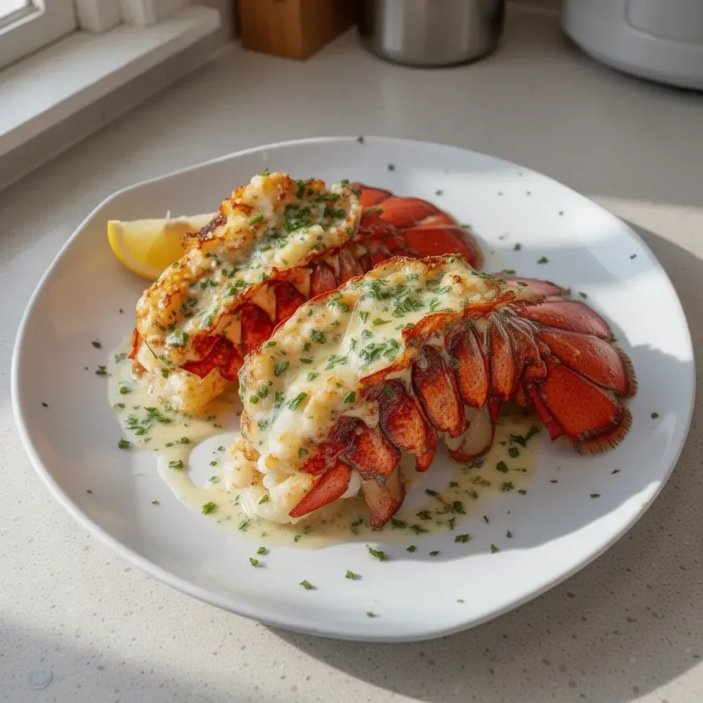 Delicious garlic butter lobster tails on a platter ready to be served