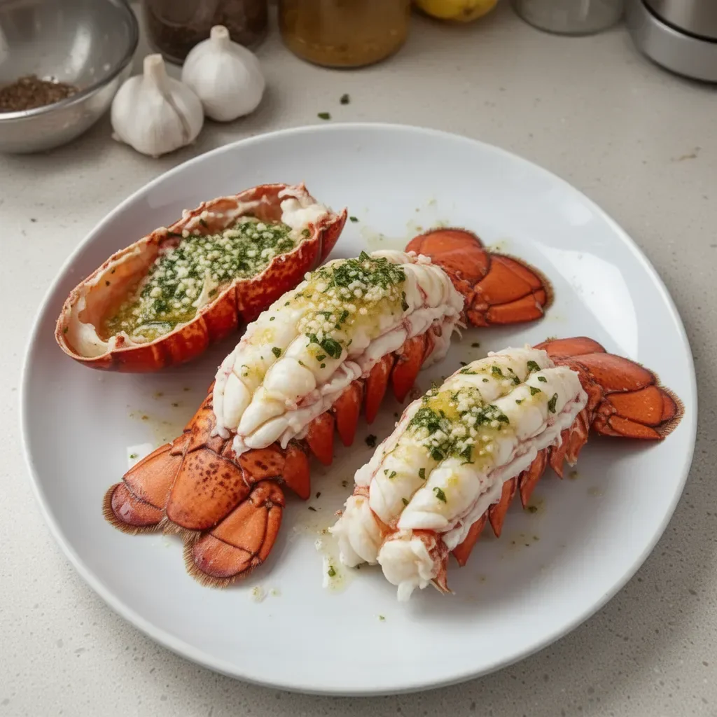 Deliciously cooked lobster tail ready to be served with lemon and herbs.