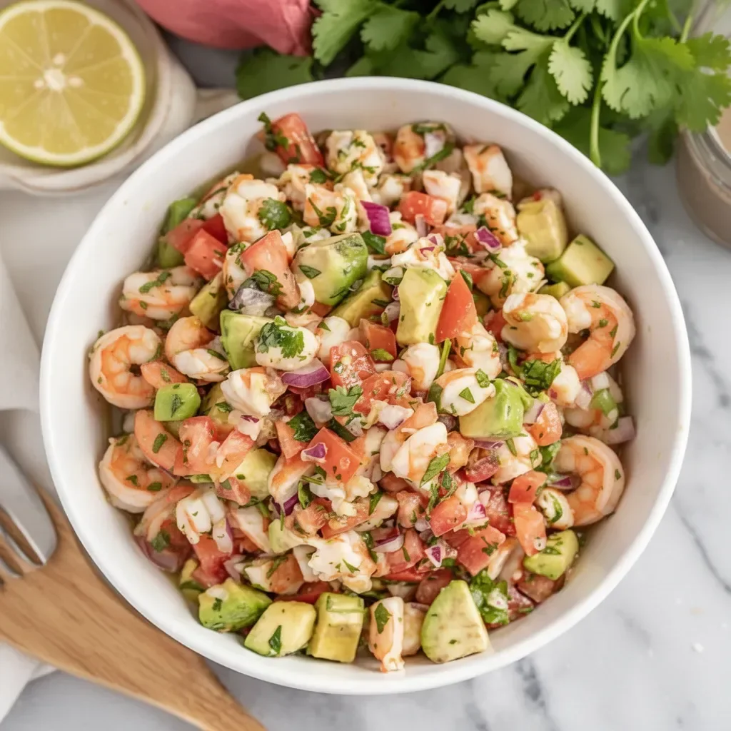 Bowl of easy shrimp ceviche with fresh seafood and vibrant veggies.