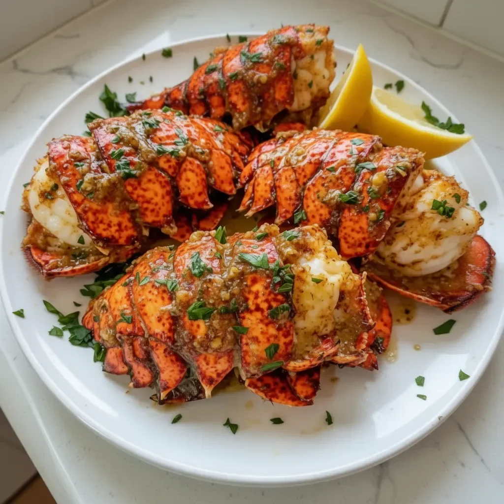 Delicious garlic butter lobster tails served on a plate with herbs and lemon.