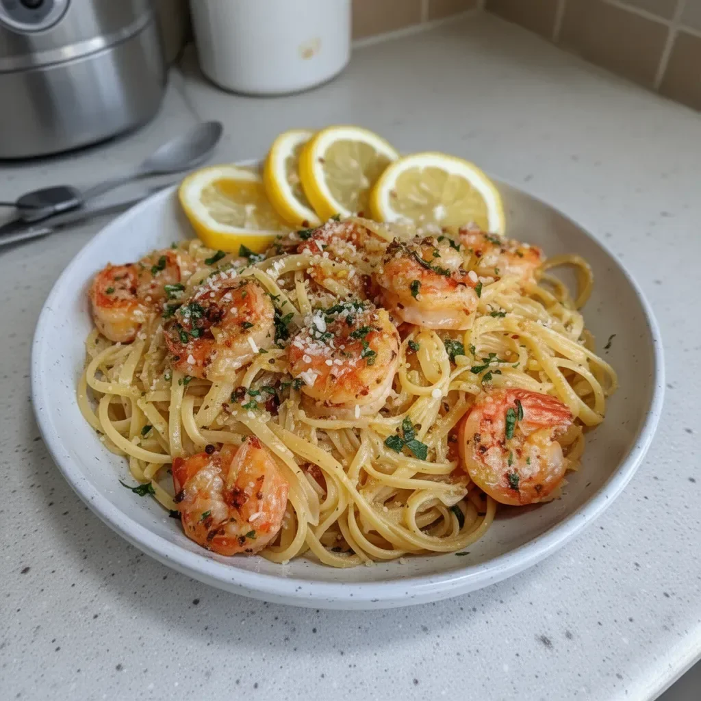 Delicious Garlic Butter Shrimp Scampi Pasta served in a bowl, garnished with parsley.