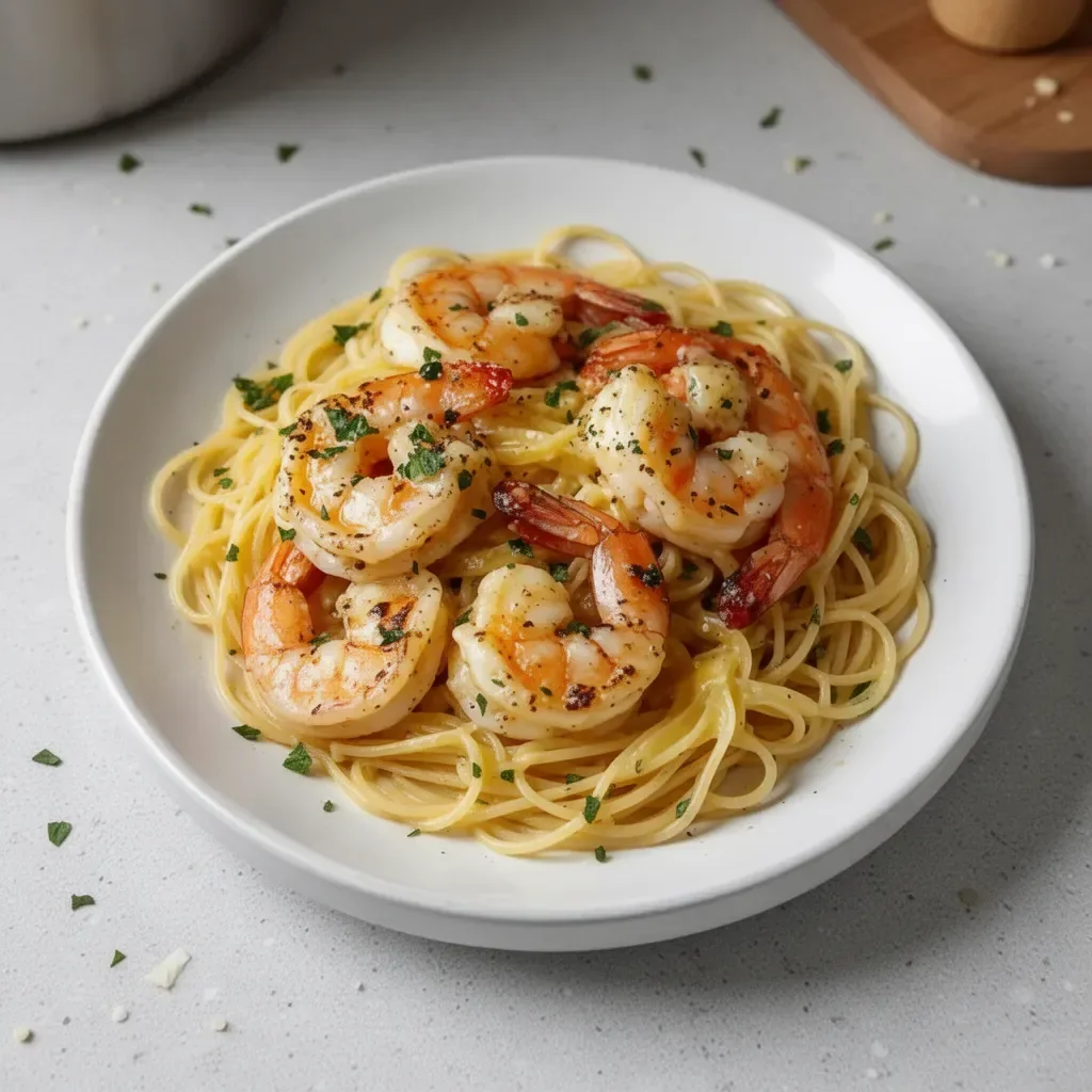 Delicious Garlic Butter Shrimp Scampi Pasta served in a bowl with parsley garnish