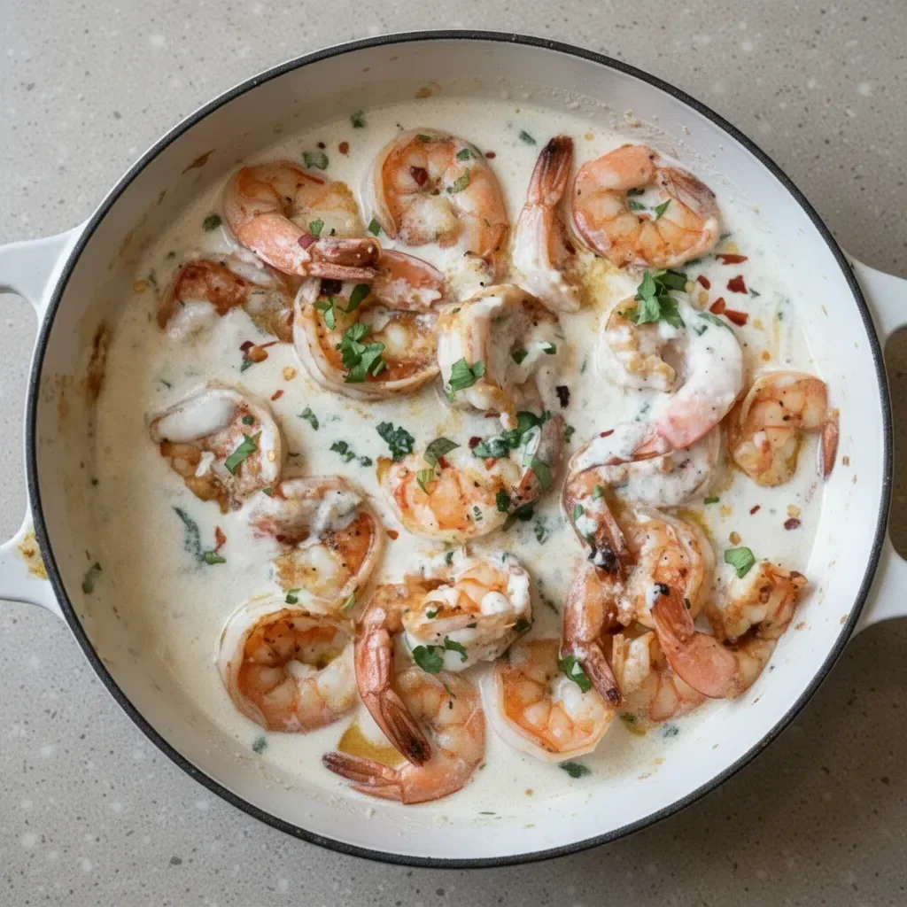 Delicious garlic shrimp cooked in coconut milk, served in a bowl.
