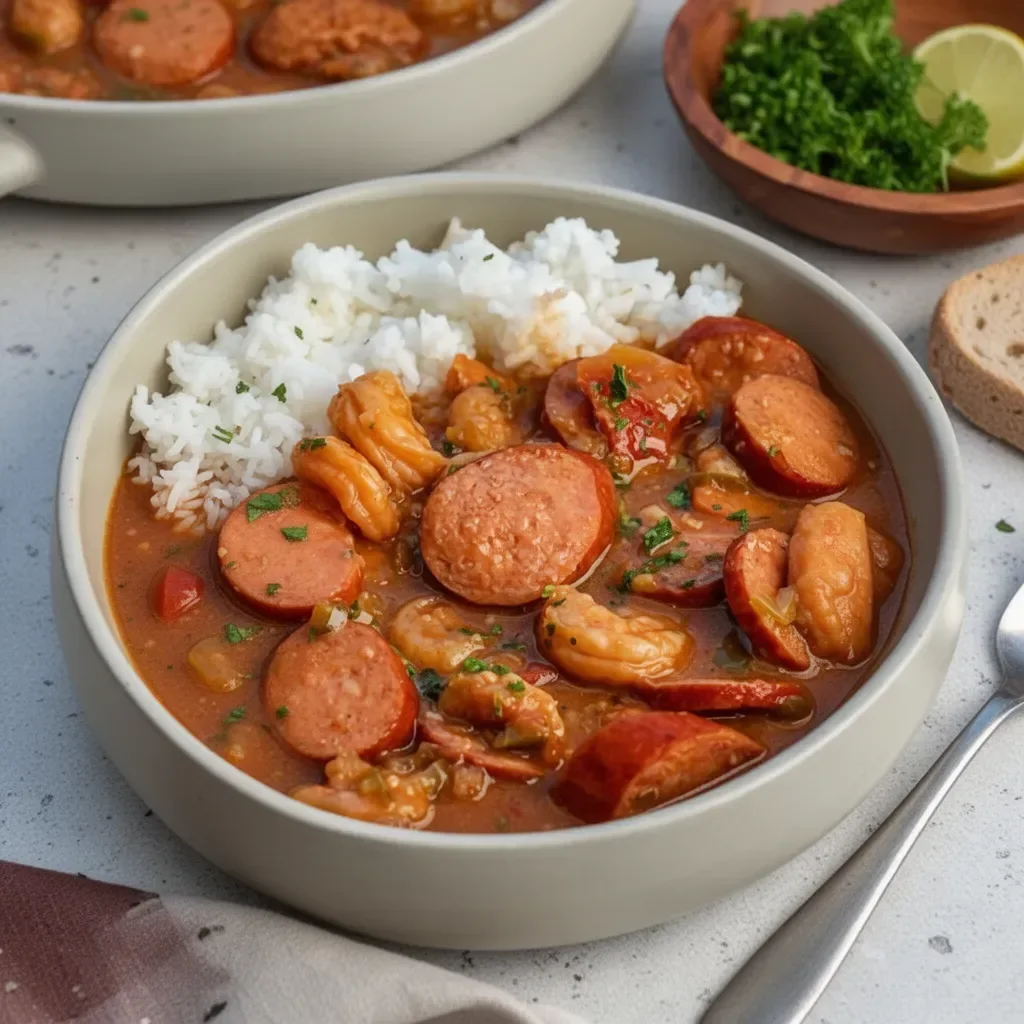 Delicious bowl of gumbo showcasing shrimp, sausage, and spices