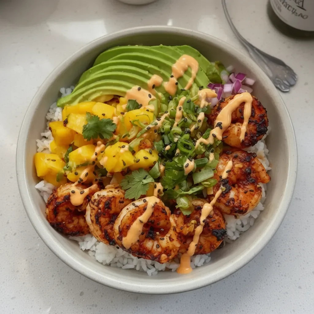 Healthy grilled shrimp and avocado bowl topped with fresh ingredients