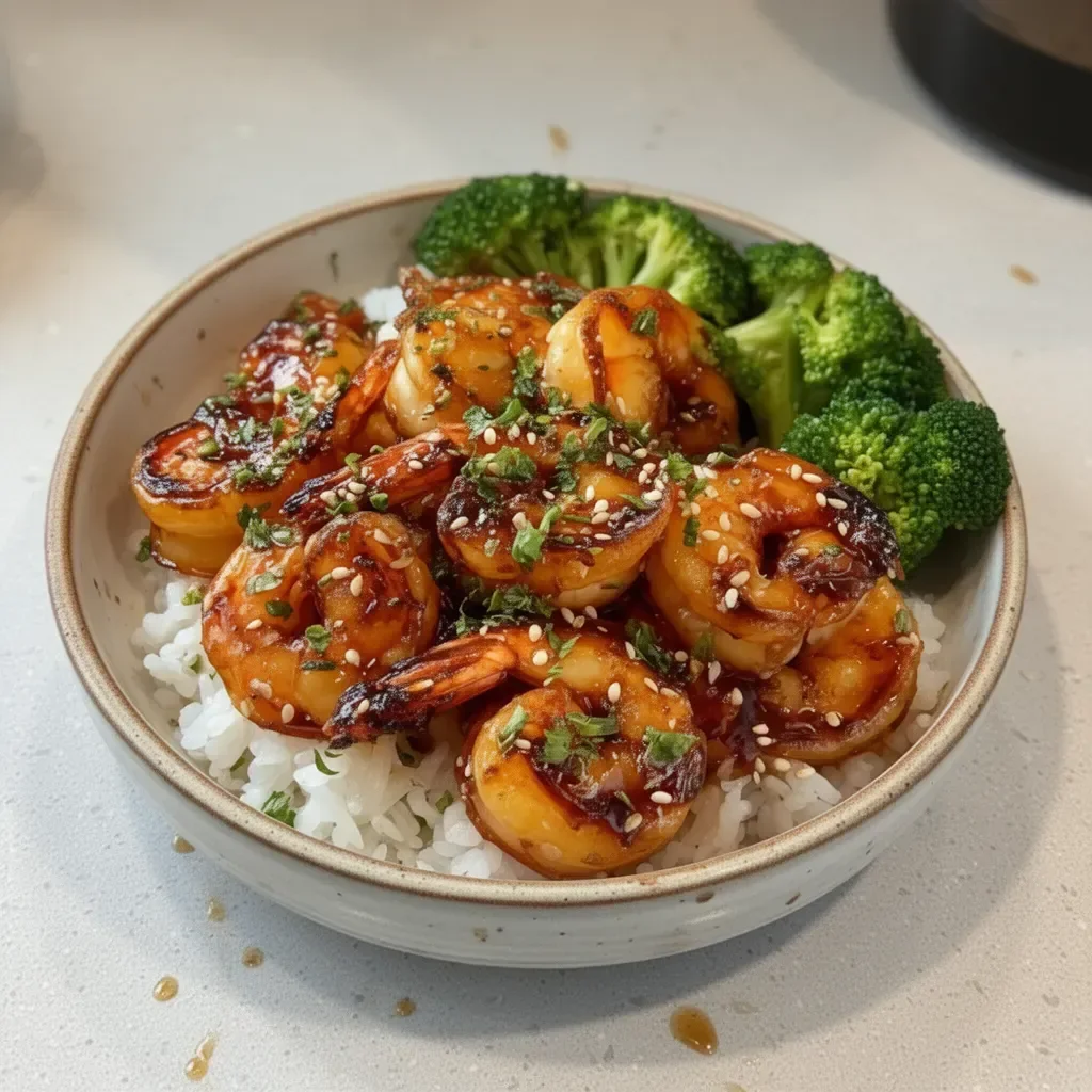 Honey garlic shrimp bowl with colorful vegetables and rice for a savory meal