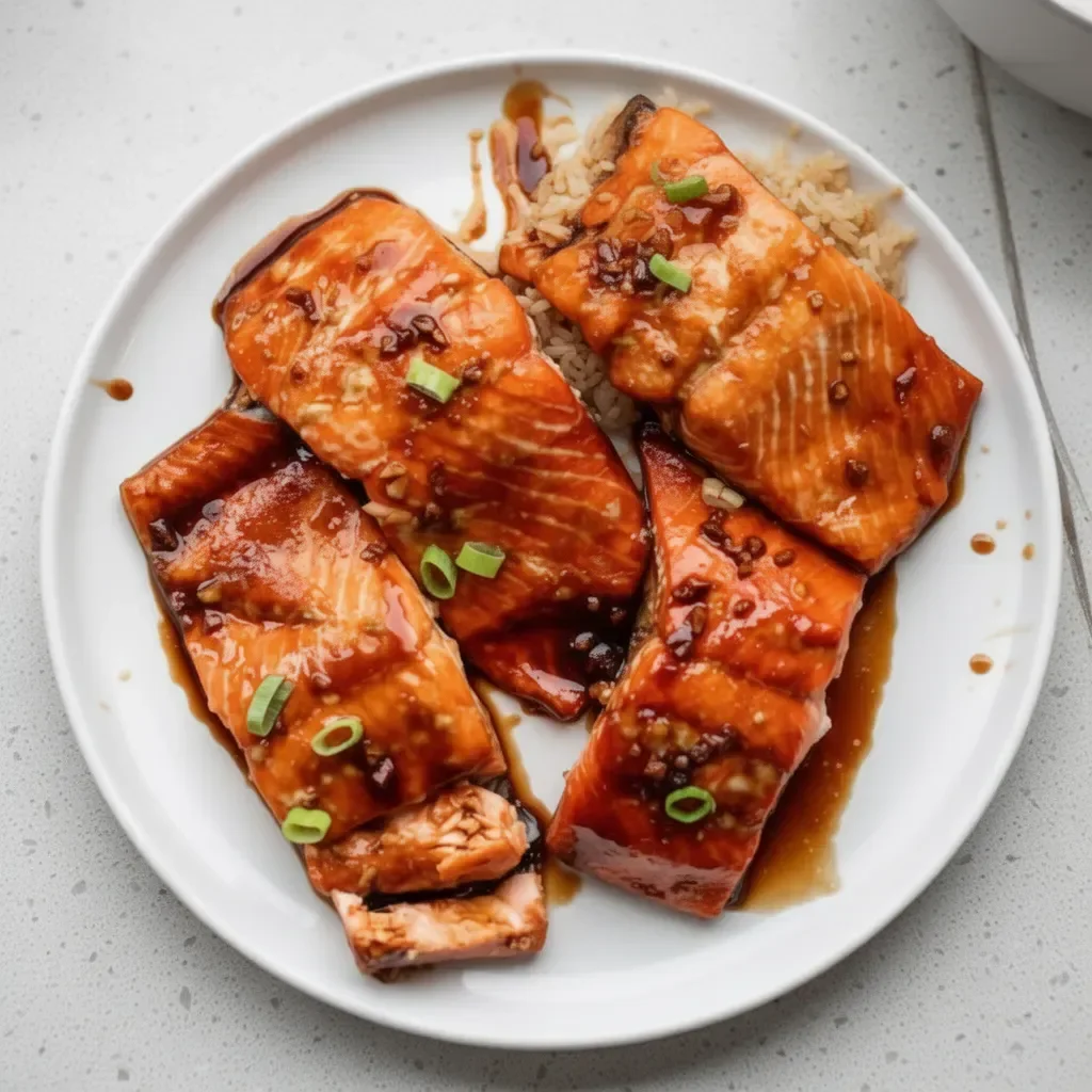Plate of Honey Garlic Soy Salmon with vegetables and garnish