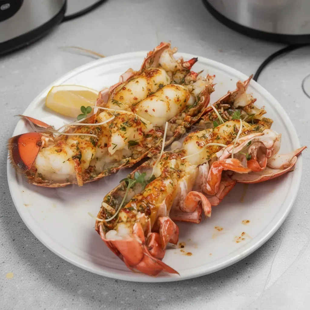 Baked lobster tails cooked at 400 F, garnished and ready to serve.
