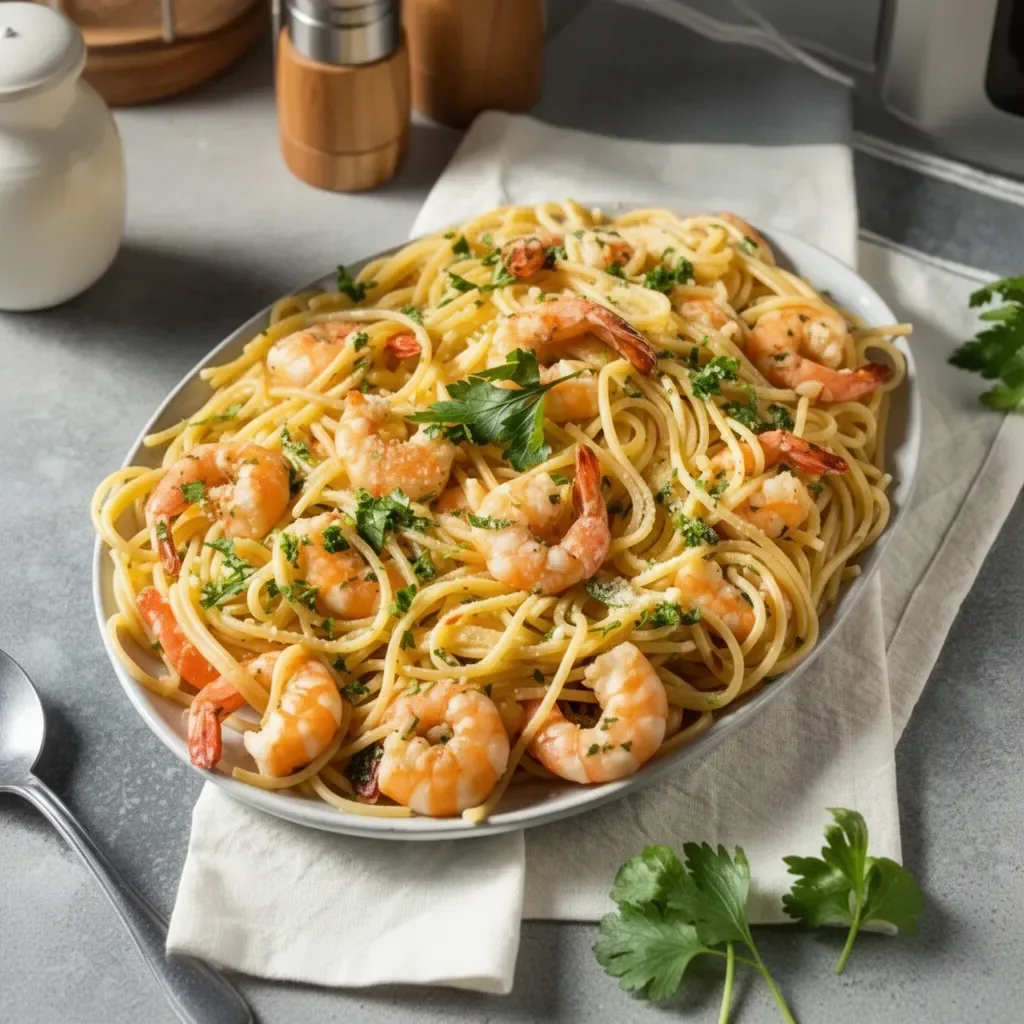 Plate of delicious Ina Garten shrimp scampi served with pasta and garnished with parsley