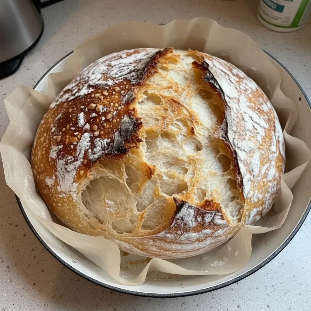 Crusty no knead bread baked in a Dutch oven, golden and delicious.