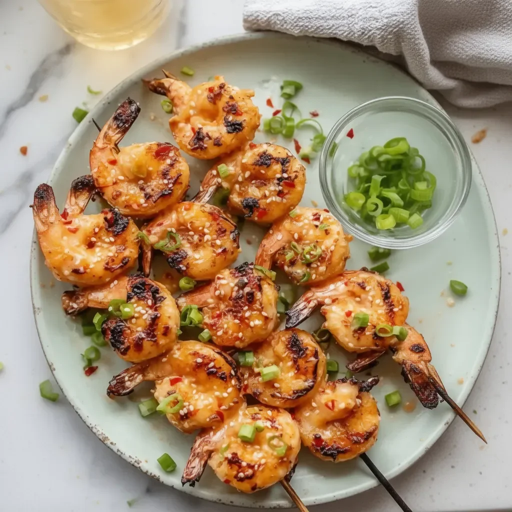 Juicy Grilled Bang Bang Shrimp Skewers ready for serving