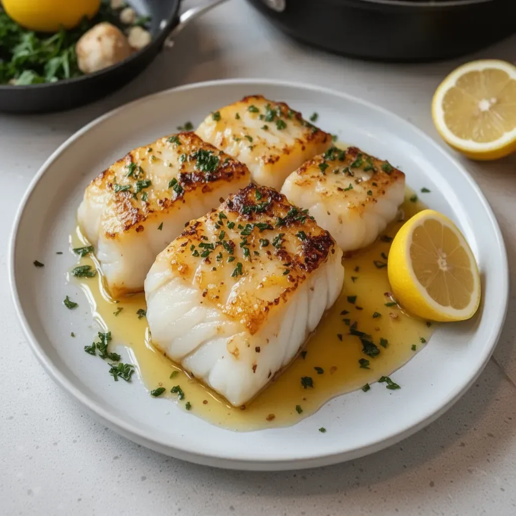 Lemon butter sautéed cod served with fresh herbs on a plate