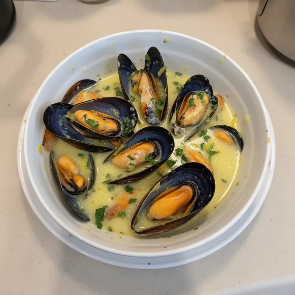 Serving of lemon garlic butter mussels garnished with parsley