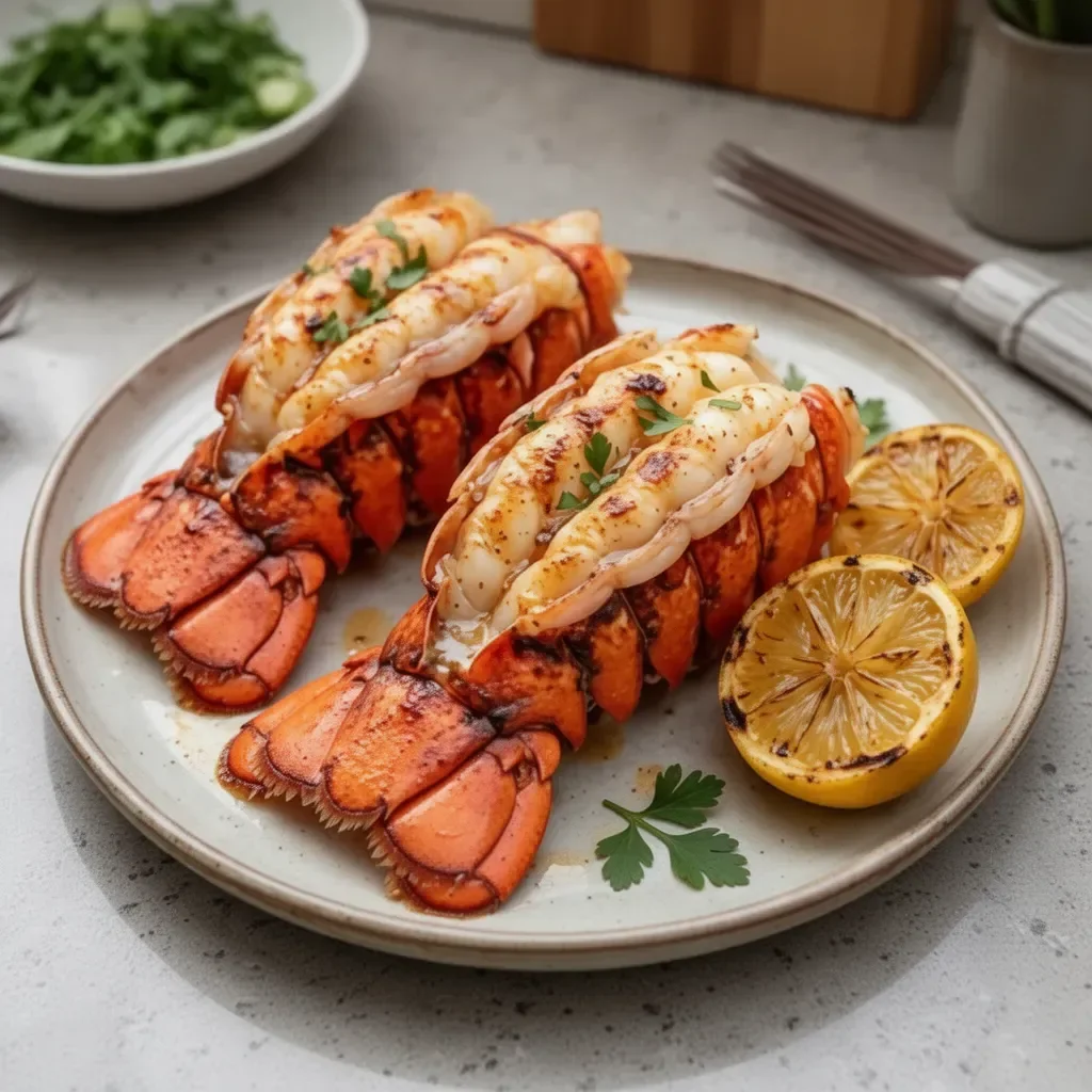 Deliciously cooked lobster tail ready to serve with herbs and lemon