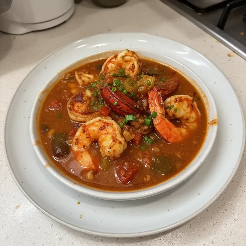 Bowl of Louisiana seafood gumbo with shrimp, crab, and vegetables