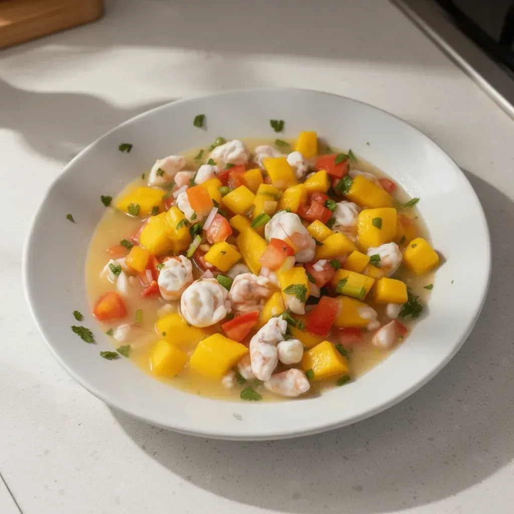 Plated Mango Ceviche with fresh ingredients and vibrant colors