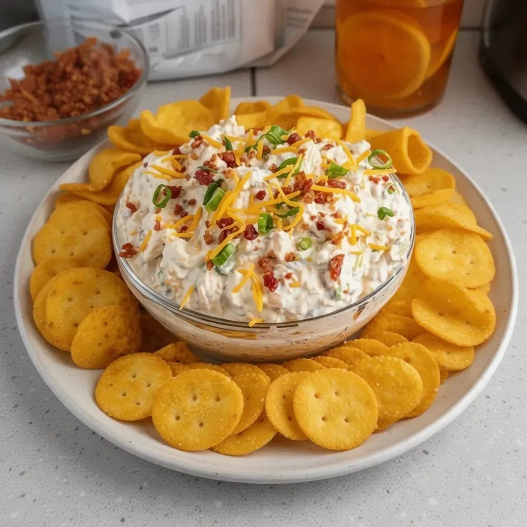 Delicious Million Dollar Dip served in a bowl with chips