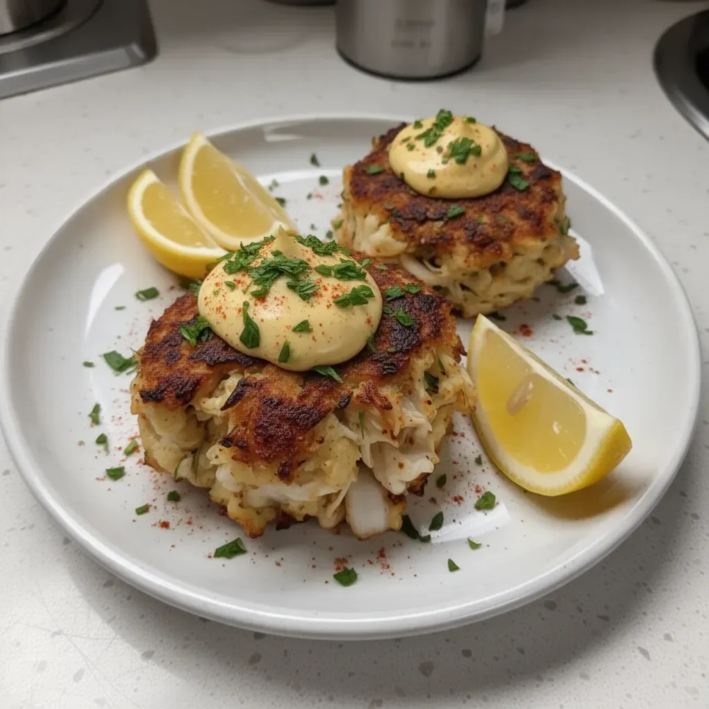 Delicious Old Bay crab cakes served with sauce on a plate