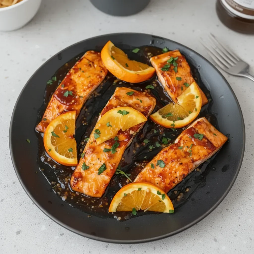 Delicious orange glazed salmon fillet garnished with herbs