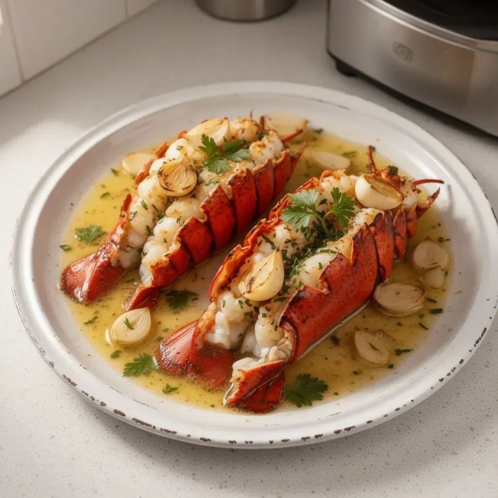 Delicious garlic butter lobster tails oven-roasted for a quick and easy meal.