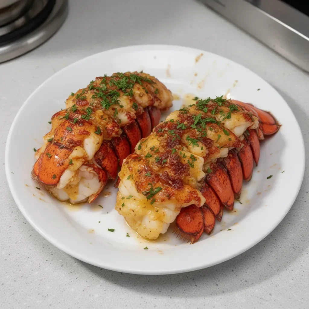 Perfect garlic butter lobster tails served on a plate for a romantic dinner