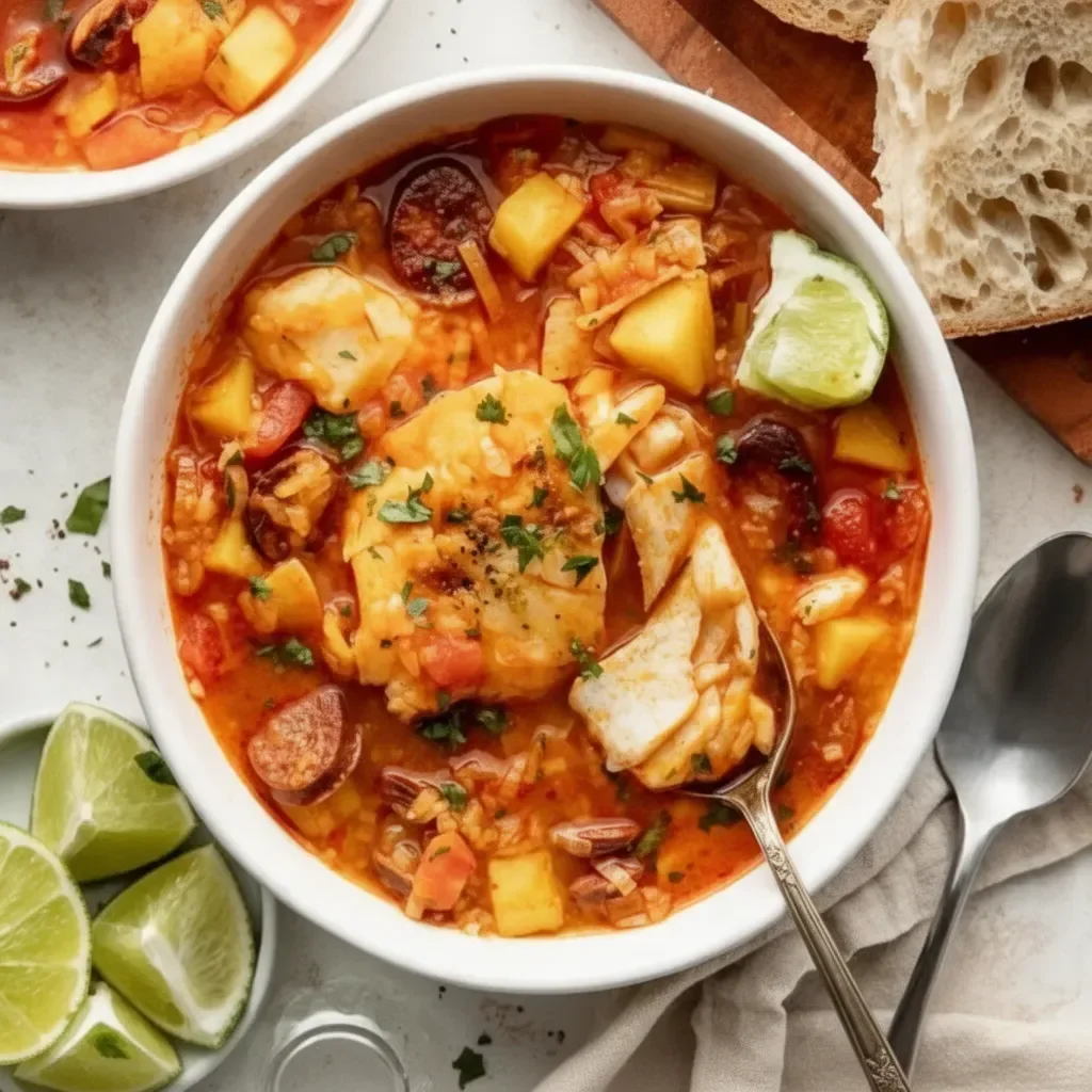 A bowl of delicious Portuguese fish stew with fresh seafood and vegetables.