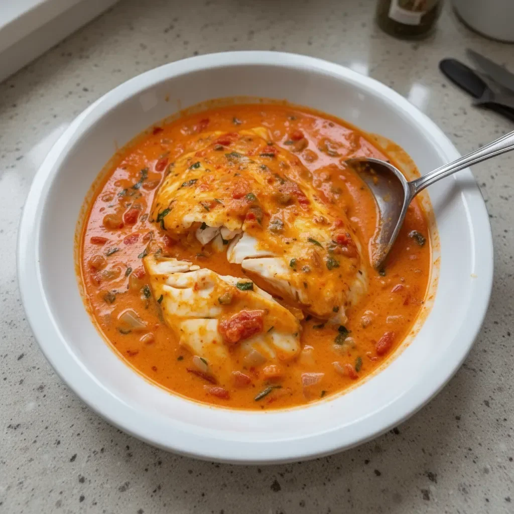 Quick tilapia in roasted pepper sauce served on a plate