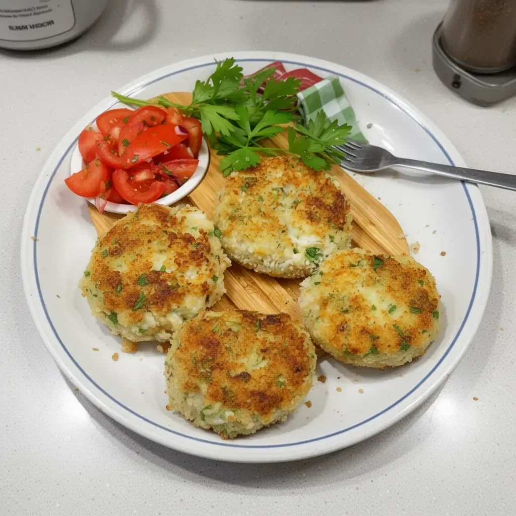 Plate of delicious Royal Fish Cakes served with fresh herbs and sauce