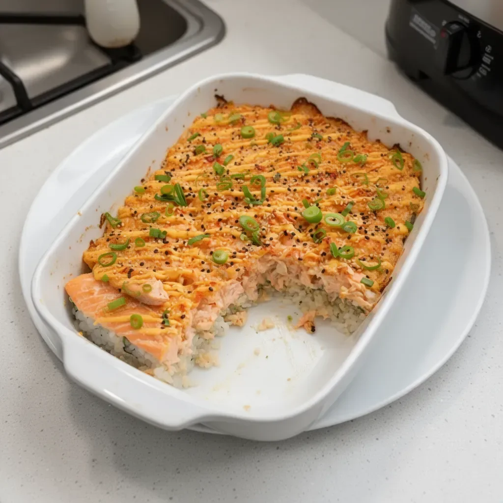 Delicious salmon sushi bake topped with avocado and scallions.