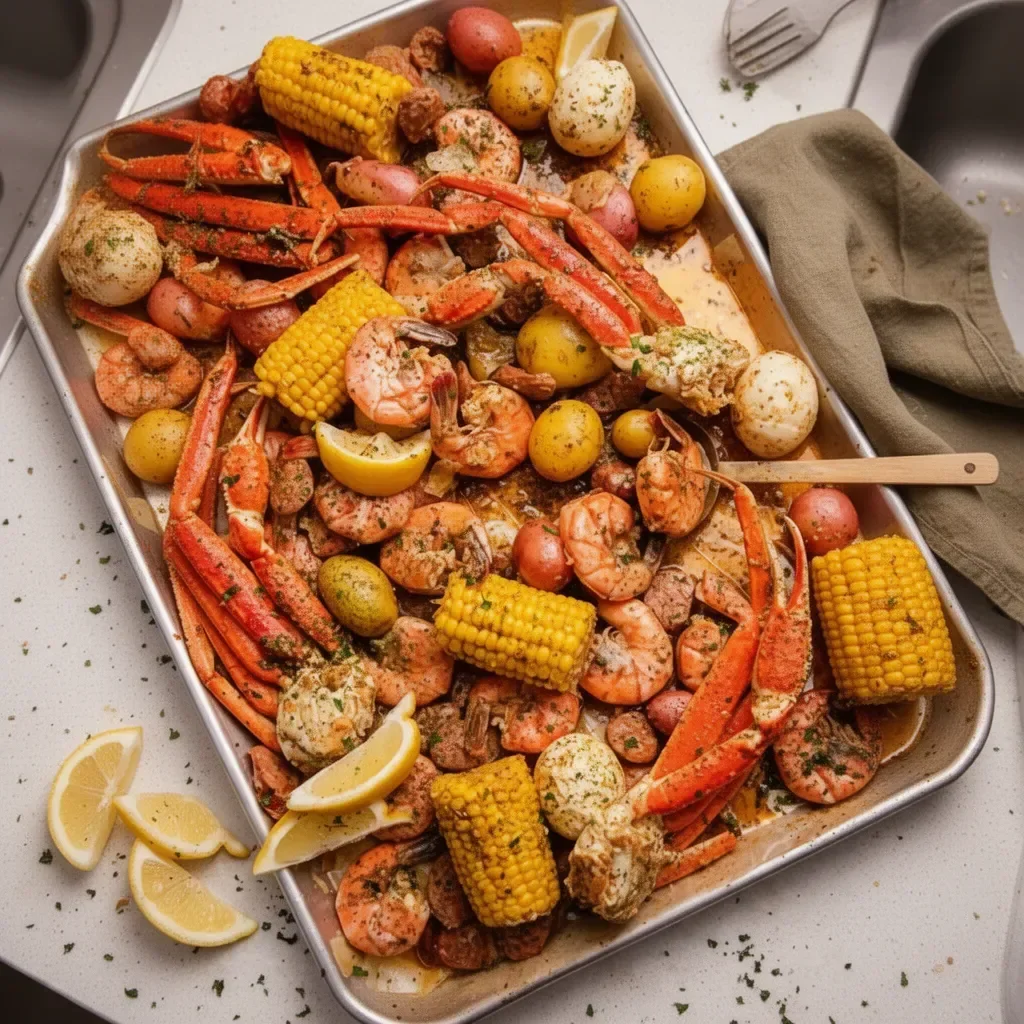 Delicious seafood boil featuring shrimp, crabs, and spices prepared for a feast.