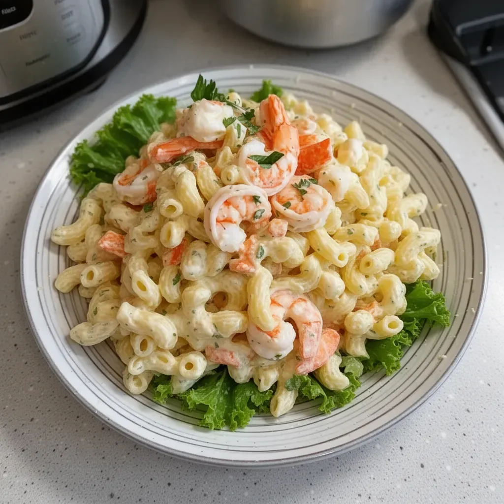 Delicious seafood pasta salad served with fresh vegetables and herbs