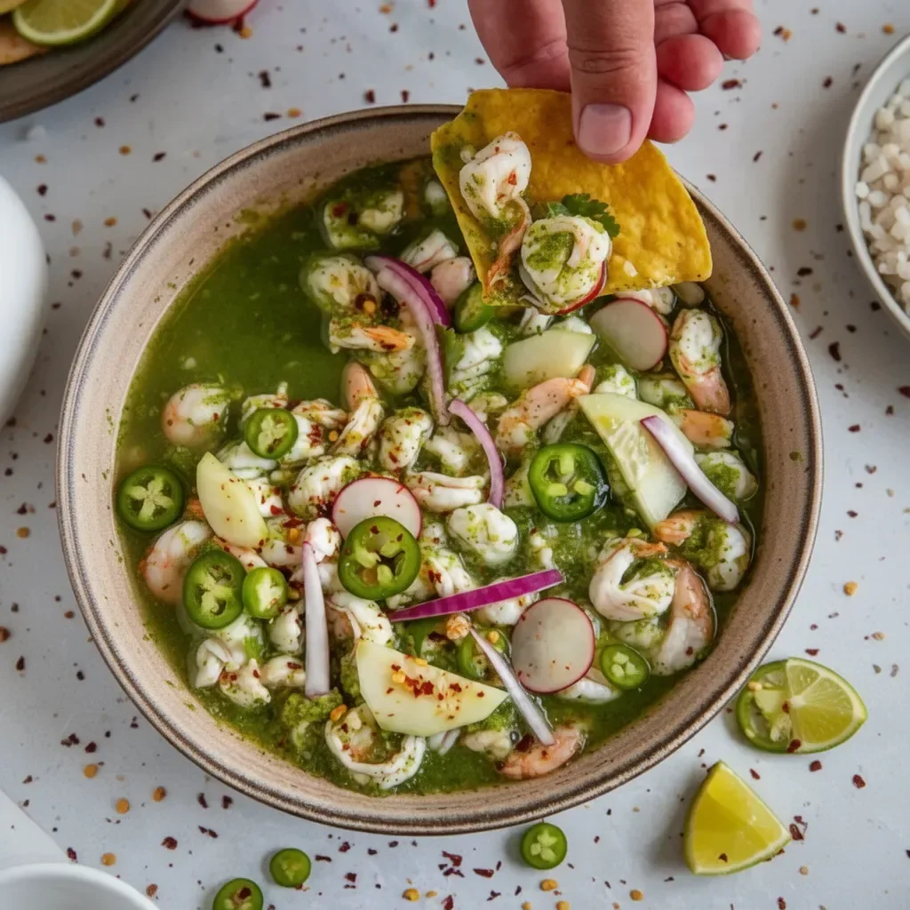 Delicious Shrimp Aguachile served with fresh lime and cilantro