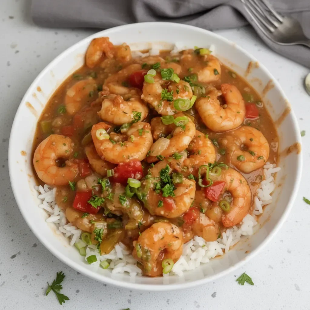 Delicious Shrimp Étouffée served in a bowl with rice and fresh herbs