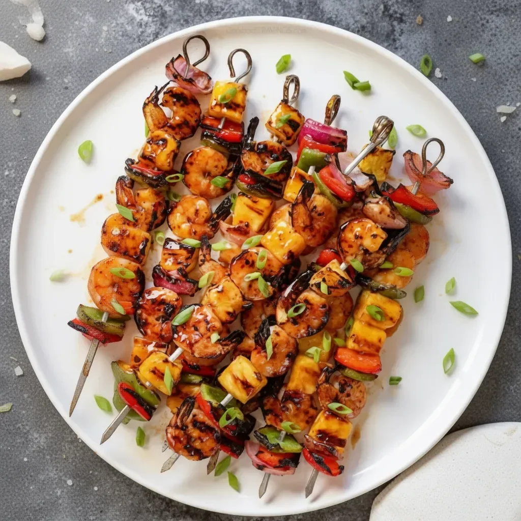 Grilled shrimp kabob with colorful vegetables on a skewer.