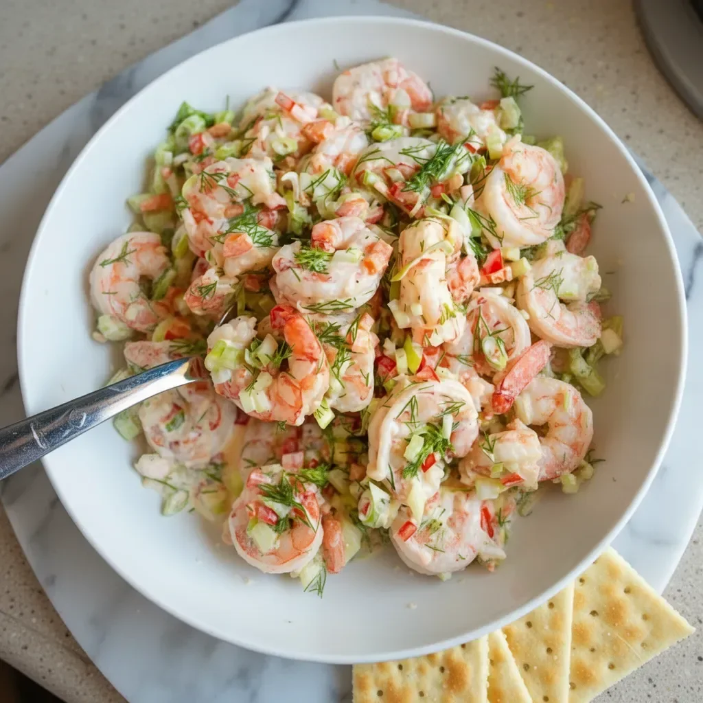 A vibrant shrimp salad with fresh vegetables and dressing