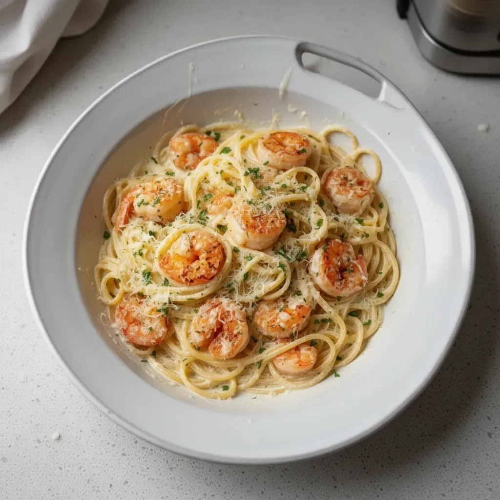 Shrimp scampi garlic cream pasta served in a bowl, garnished with parsley