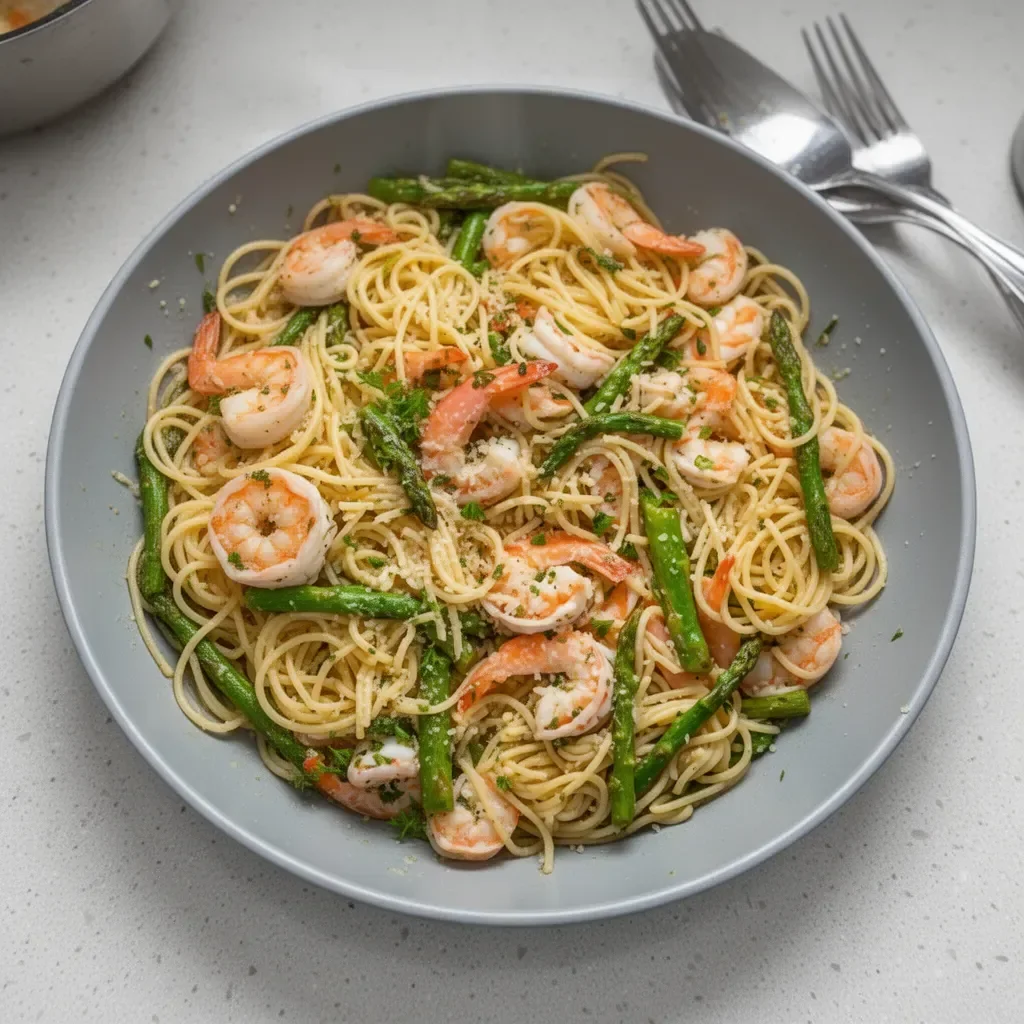 Shrimp scampi pasta topped with garlic, parsley, and lemon zest